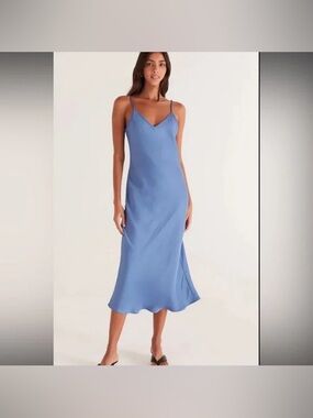 Z Supply Dusty Blue Slip Dress with V-Neck and Spaghetti Straps